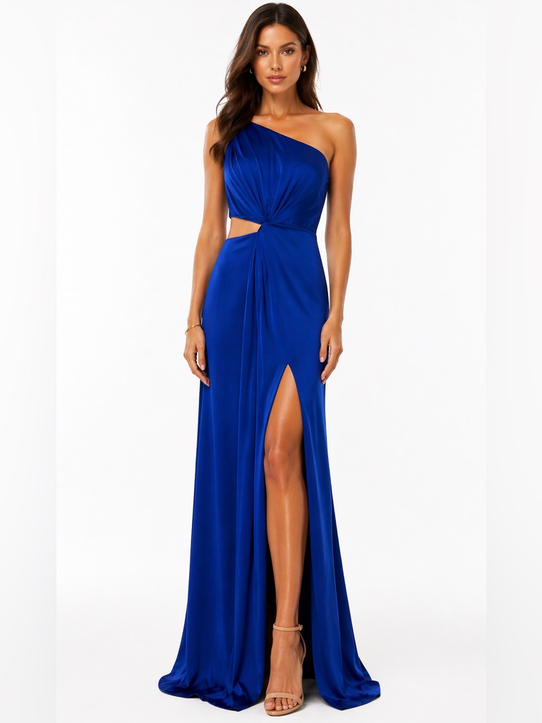 Amur Nwt Royal Blue One Shoulder Gown Cutout Slit Formal Maxi Dress
